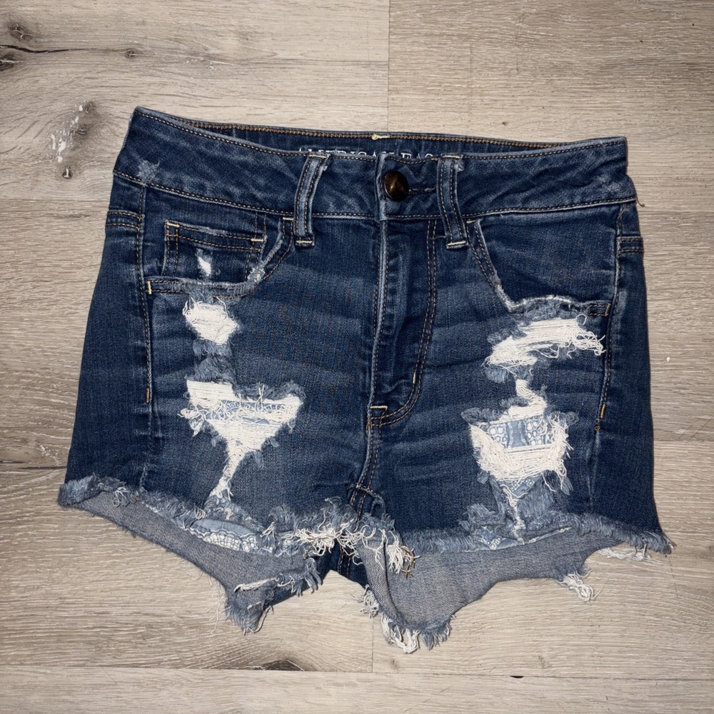 American Eagle Jean Cut Off Booty Shorts Paisley Style Pockets Woman's 2 Blue